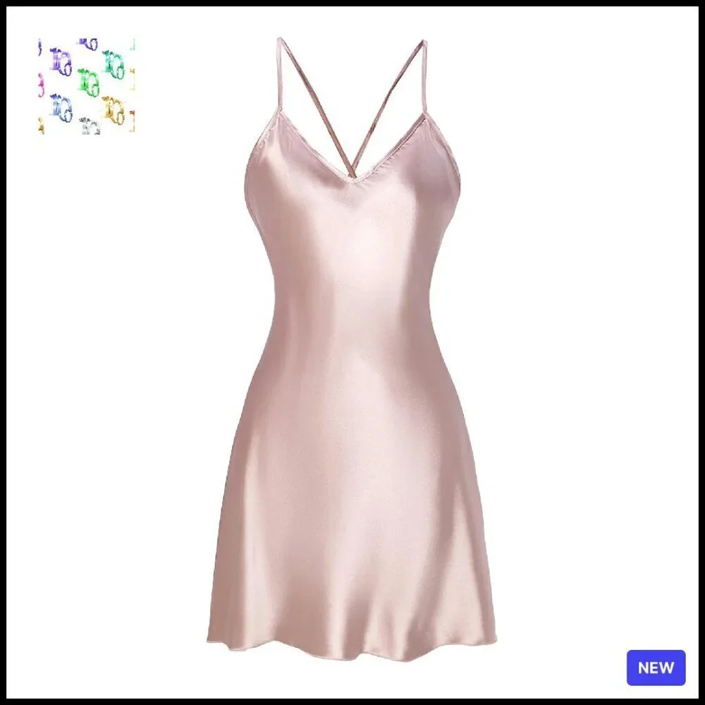 Satin Backless Chemise Nightgown Lace Trim Criss Cross V Neck Elegant Sleep